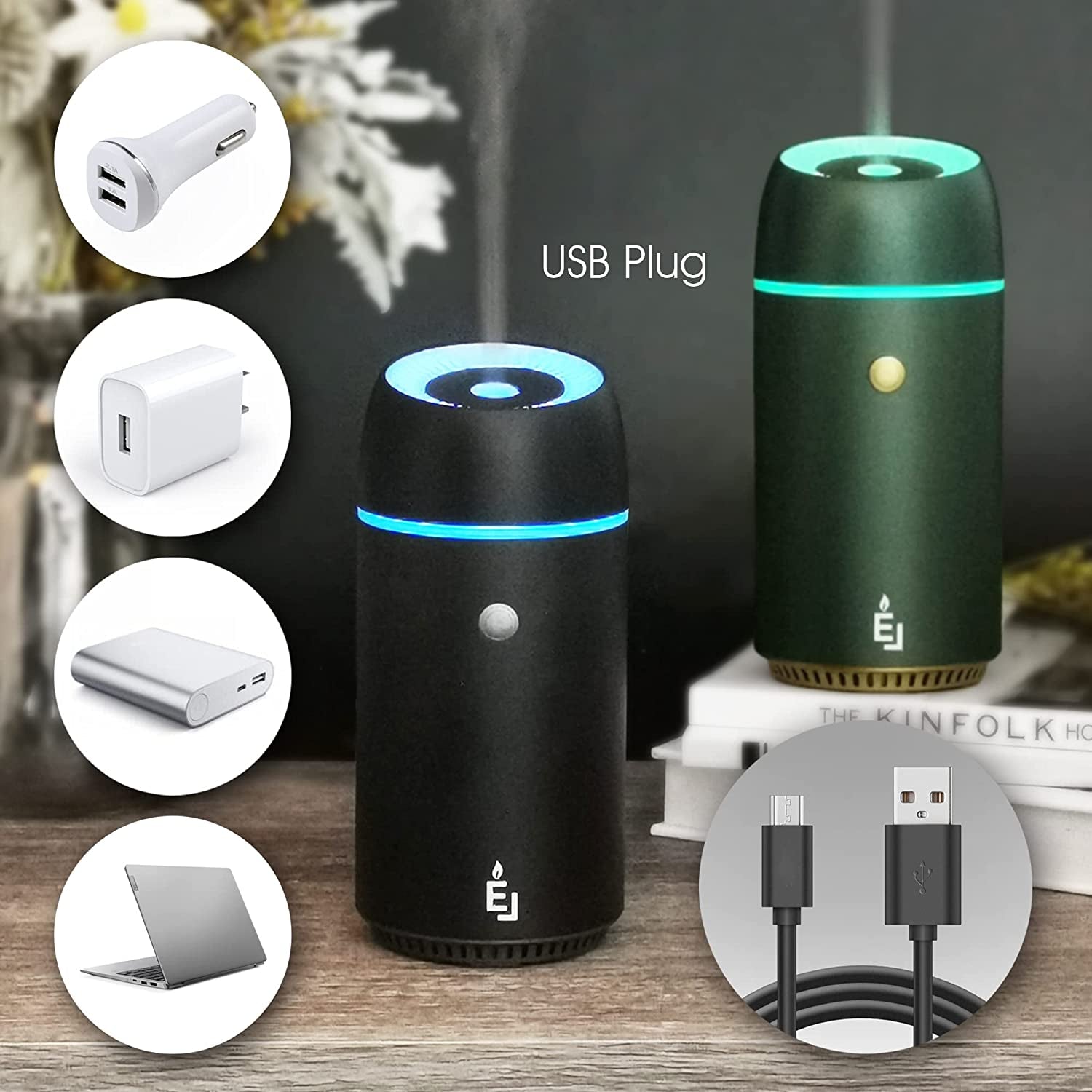 Metal Aluminum Car Diffuser Mini Humidifier Essential Oil Diffuser Car Air Fresheners for Essential Oils Aromatherapy Diffuser 100Ml Timers Night Light Auto off Function USB Green Gift